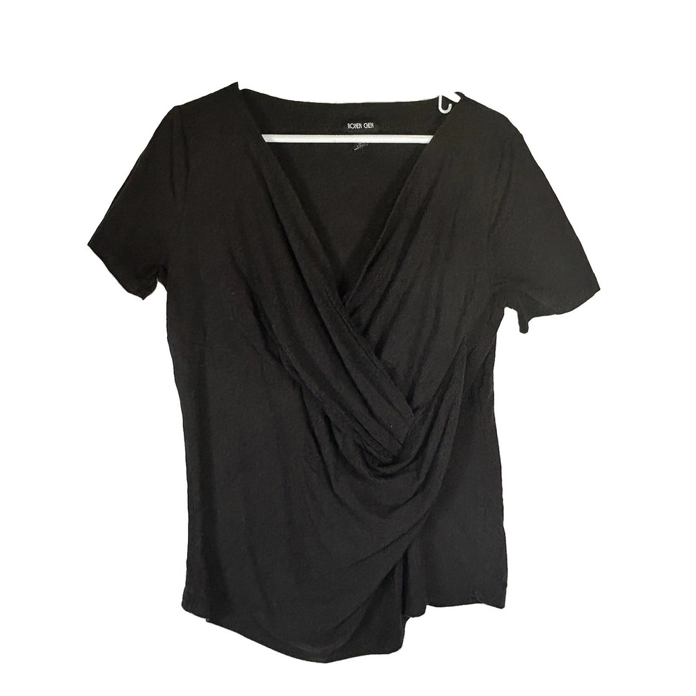 Ronen Chen Black Draped Wrap Front Top Short Sleeve Twist Blouse Sz 12